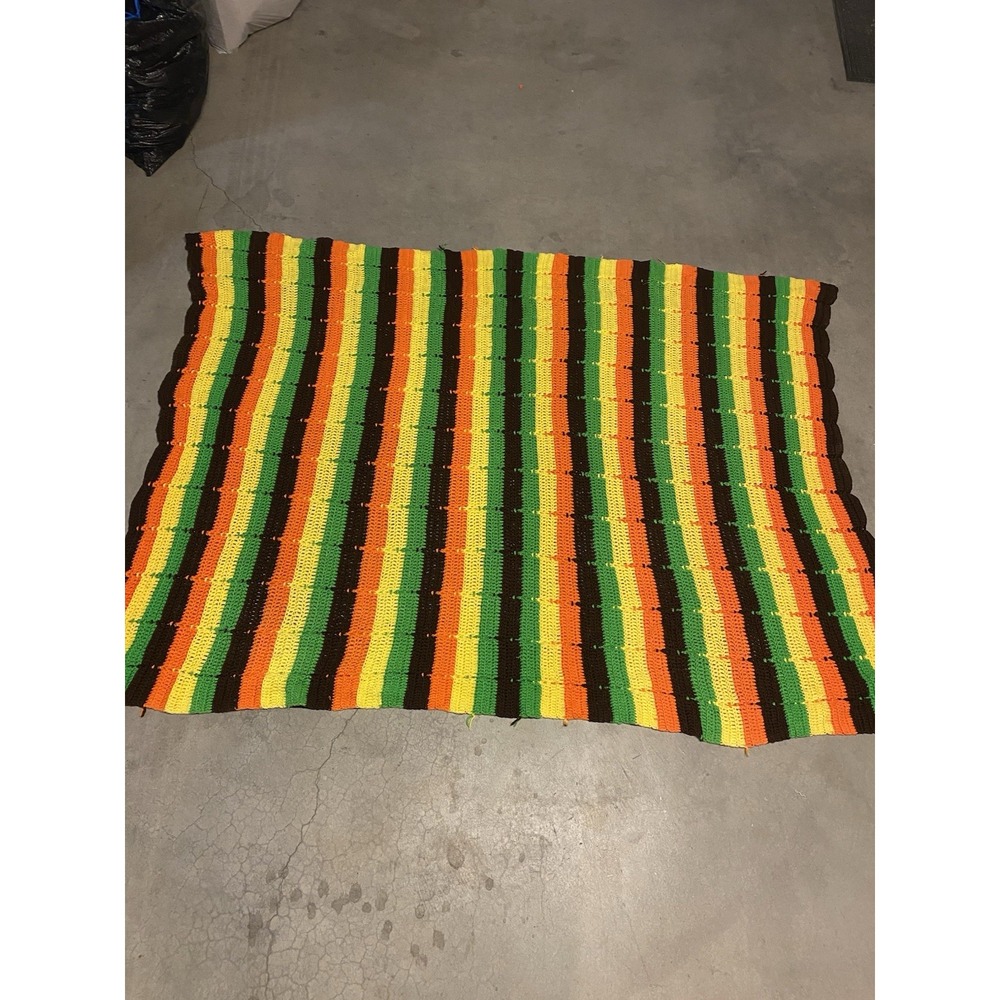 Vintage Hand-Crocheted Afghan Blanket 80"x60" Striped Retro Colors Acrylic